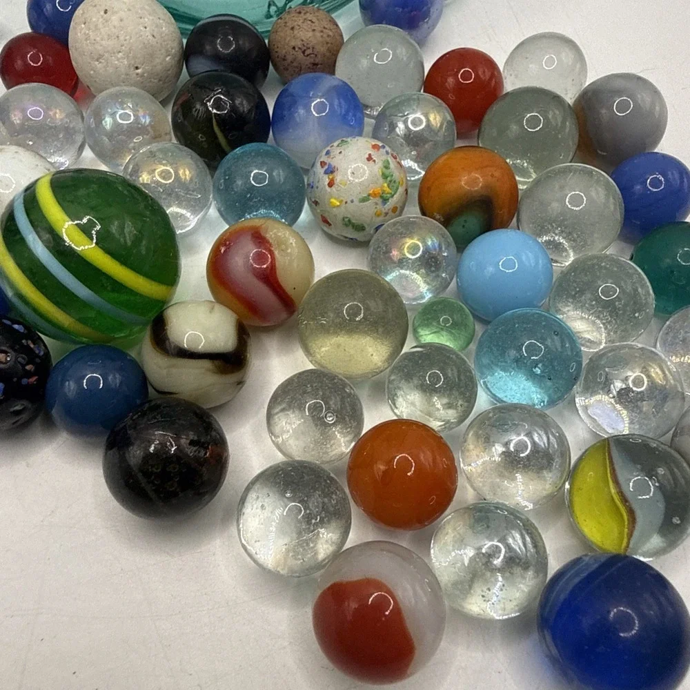 Lot Of Unique Vintage Marbles In Blue Mason Jar Some Glow- See Pics